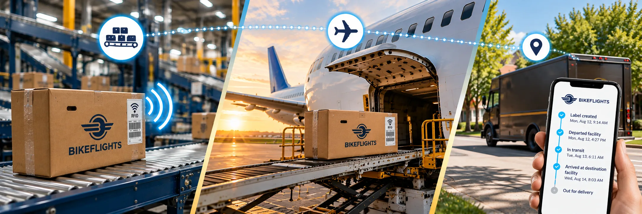 A boxed bike moving from a warehouse conveyor to an aircraft to a delivery truck, with tracking updates on a phone