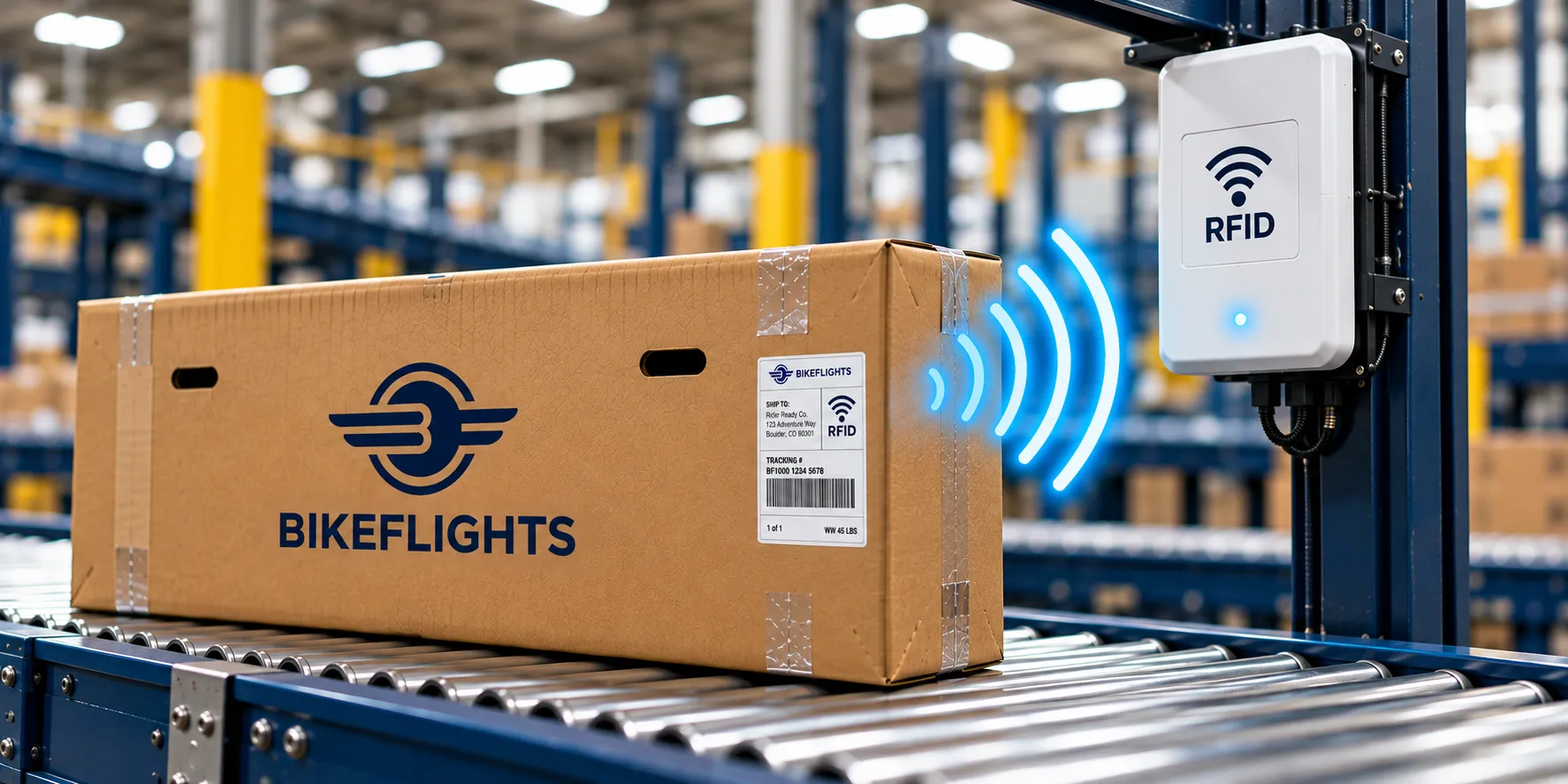 A bike box on a warehouse conveyor passing a wall-mounted RFID reader
